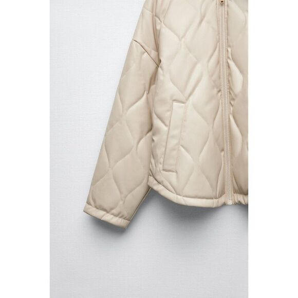 Cream Zara Quilted Pattern Faux Leather Puffer Jacket (NWT) - Picture 9 of 11